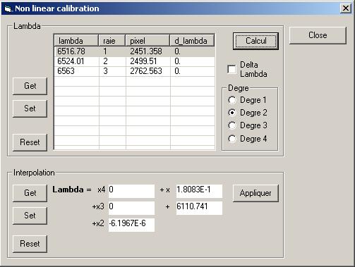 on the "Calcul" button. The interpolation of the wavelength law are displayed in the bottom of the dialogn box and the profile is calibrated.