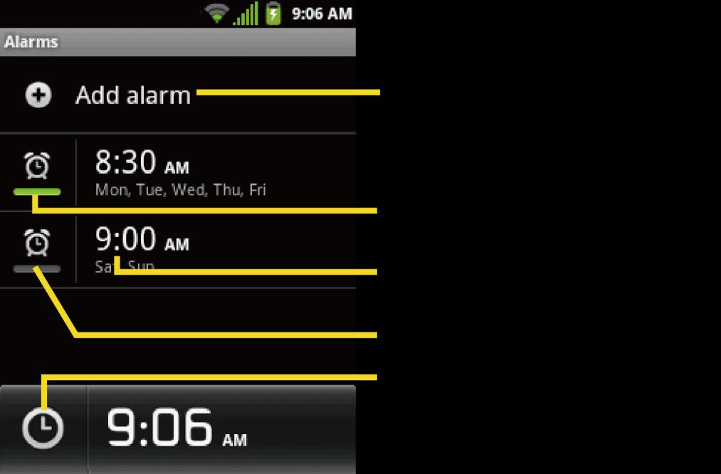 2. Touch the Alarms tab on the bottom of the screen. Note: When you first open the alarms, two alarms are set up by default and ready for you to customize. These alarms are turned off by default. 3.
