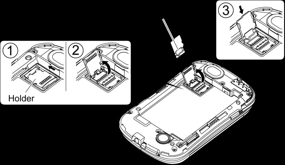 4. Insert a microsd card into the holder. Make sure to check the position of the gold terminals ( ). 5.