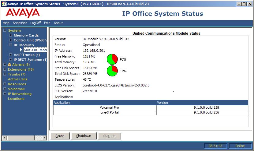 Select System. The System Hardware Summary includes the Unified Communications Module. 3. Under System in the navigation tree, click on UC Module. Details of the module appear.