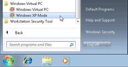 1. Click the Start button, click All Programs option, click Windows Virtual PC option, and then click Windows XP Mode option. 2.