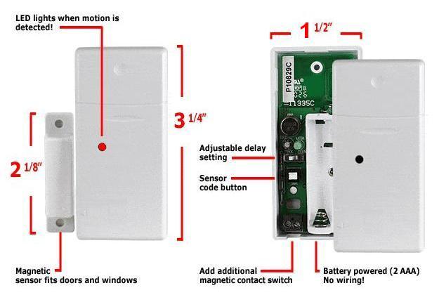 Wireless Door/Window Sensor The door/window sensor is compact and simple to install. This device uses two AAA batteries and contains internal RF circuit.