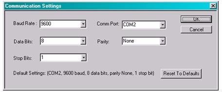 Prior to connecting to the communication port, the SCC Simulator connection status field displays OFF LINE, the communication port status field displays PORT, and the baud rate status field displays