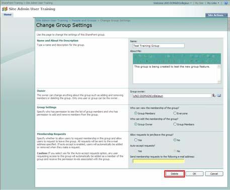 From your group page, check the box next to the group you want to delete,