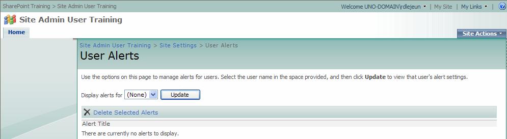Manage user alerts: As the site owner, you can manage alerts for other users within this site.