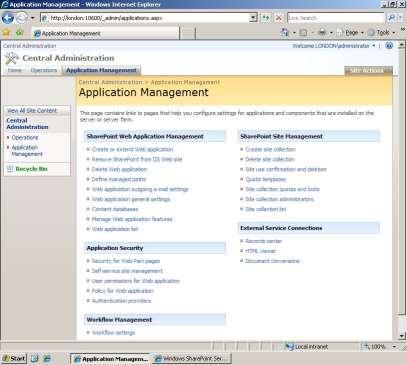 Figure 5. Application Management panel within the Windows SharePoint Services 3.0 Central Administration interface. Features.