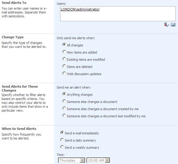 2. On the Quick Launch bar, click Shared Documents. 3. On the Actions menu, click Alert Me. The Alert page is displayed.