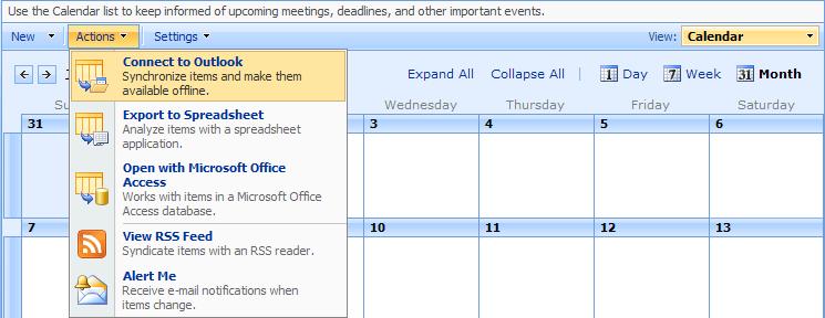 Figure 25. Connecting a SharePoint calendar to Office Outlook 2007. Outlook displays your calendar and the default calendar side by side.
