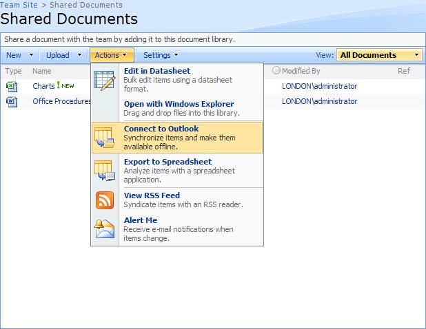 Figure 26. Connecting a Document Library to Office Outlook 2007. Outlook 2007 creates and displays the default the Shared Documents folder.