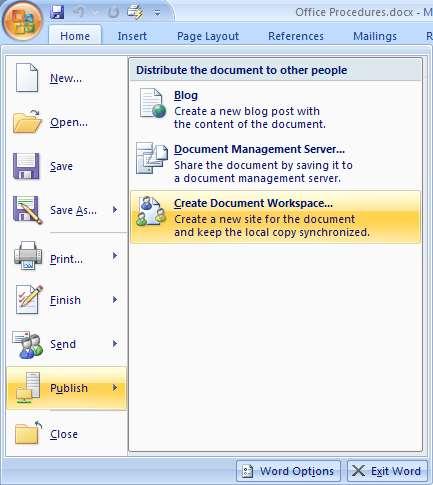 9. With the Office Procedures Document Workspace e-mail message selected in the Inbox, in the preview pane, click the link to the document workspace.