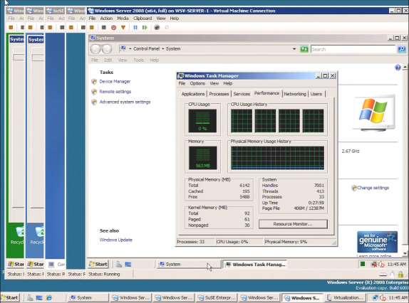 Figure 30. A Windows Server 2008 server with Hyper-V running multiple guest operating systems, and the Task Manager displaying support for multiple core CPU activity within a guest OS.
