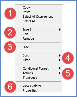 Measure Item Pop-up Menus (Detail and Grand Total Menus) Measure items can be assigned to one axis, either rows or columns.