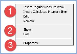 Insert Regular Measure Item - Opens the Insert Measure Item window for inserting a new regular measure items and opens a Properties window for the new measure item.