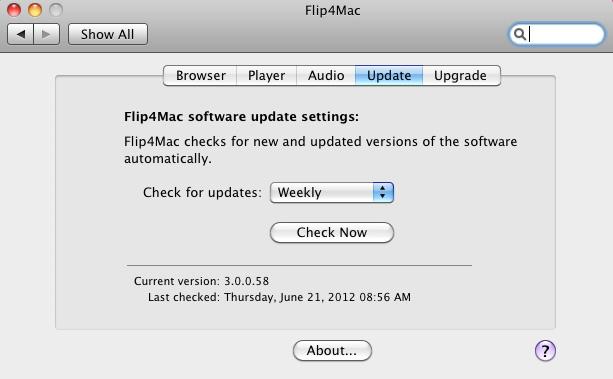 24 Installing and Upgrading Manually Entering a Serial Number 2. To change the interval at which Flip4Mac checks for updates, choose Daily, Weekly, Monthly or Never from the Check For Updates menu.