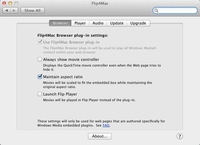 Flip4Mac Basic Features Browser Plug-in Settings 47 Browser Plug-in Settings Open the Flip4Mac Preferences pane (in System Preferences) and click the Browser tab to display the browser plug-in