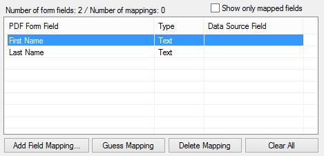 Double-click on a PDF Form field name in the list of available fields to assign what data field(s) to use for filling it. Alternatively, you can press "Add Field Mapping" button.