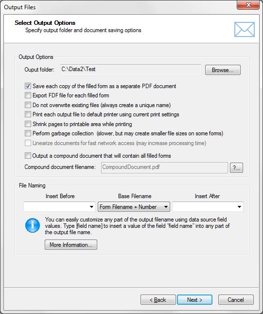 4.8. Use "Select Output Options" screen to control where and how to save output PDF documents.