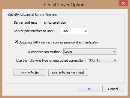 6. Press "Advanced Server Options..." button to specify low level details like port number, security protocols and authentication method.