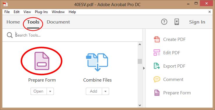 Using Acrobat DC to Add Form Fields If you are using Acrobat DC, then open a PDF document, select "Tools" on the main toolbar and find "Prepare Form" tool.