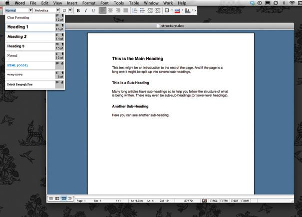 When using a word processor to create a document, we separate out the text to give it structure. Each topic might have a new paragraph, and each section can have a heading to describe what it covers.