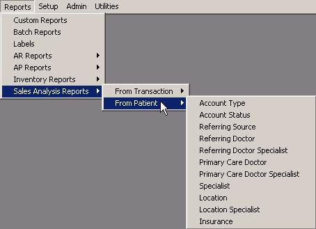 Run an Analysis of Your Revenue By Patients All of the Sales Analysis Patient reports offers the same options. You can run each report to review all items or a particular item (e.g.