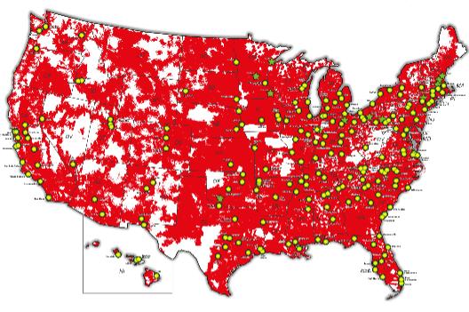 Fig: 3G and 4G Wireless Coverage in USA (Source: Verizon) AT&T 4G LTE, on the other hand, has been launched in 9 cities and planned to service 70 million users.