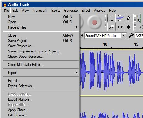 .. Export Selection or Export Multiple Select the audio format you would like to export to: WAV, MP3, WMA, AC3, etc.