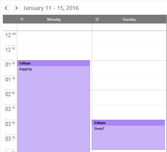 Events in the main panel can be drag-and-dropped on a different time or resized to a different length.