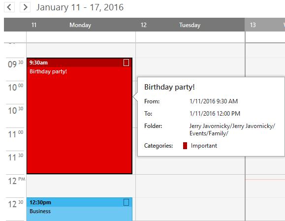 If you hover the mouse pointer over an event, a pop up balloon tooltip will appear, showing event details, including subject, start time, end time and description.