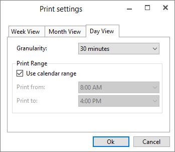 If you check the Print only workdays field, Saturdays and Sundays will not be printed. Using the drop-down menu, you can define the granularity you wish to use.