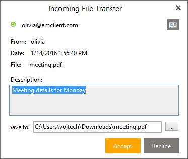 In this window, in addition to all the information contained in the notification window, you can also specify a destination folder to save the incoming file to.