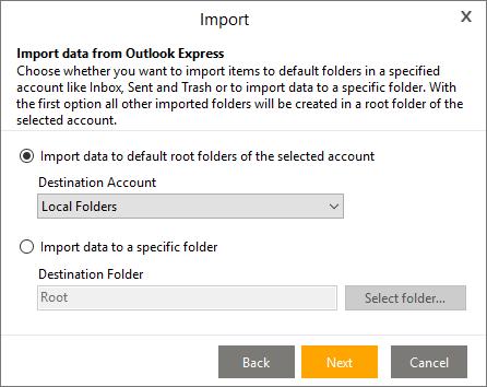 Here you can choose whether you want application to import data to default root folders of the selected account