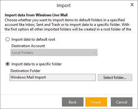 Choose whether you want to import items to default folders in a specified account like Inbox, Sent and Trash or to import data to specific folder.
