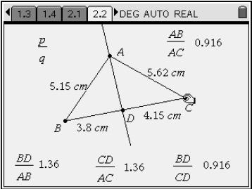23. Direct students to measure the lengths of AB, AC, BD, and CD using the Length tool (Figure 11). 24. Record these values on the worksheet. 25. Drag a vertex of the triangle, and record more data.
