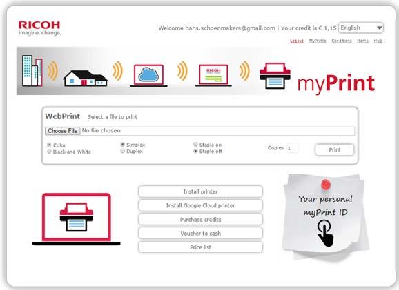 Home page After you have logged in, myprint displays the Home page. This page gives you access to often used functions.