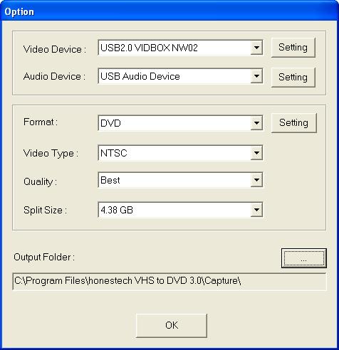 honestech VHS to DVD 3.0 SE will detect and list all available video input devices.