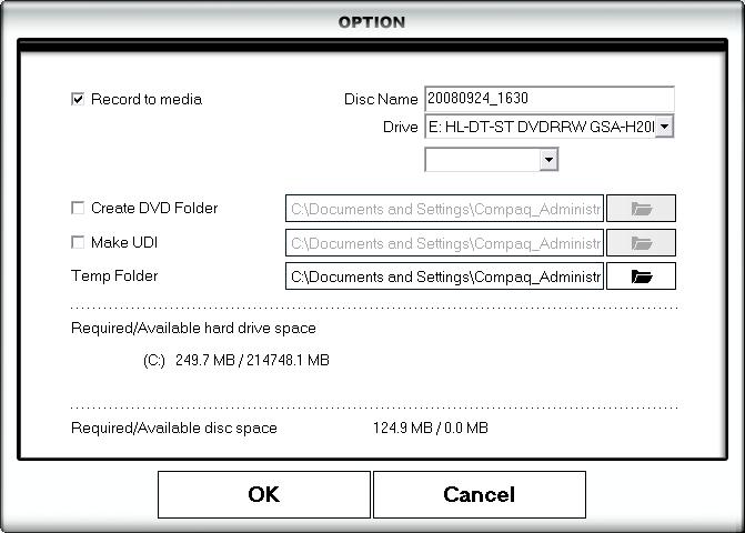 62. honestech Start: Click to open the Option screen and begin burning. - Record to media Check this option when burning to DVD or CD. Typically this is the only option you will need to have checked.