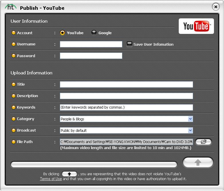65. Video to DVD Converter 4.3.4.3. Upload to YouTube Publish YouTube: Click to open the YouTube Uploader screen.