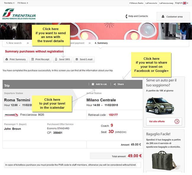 Summary and confirmation of purchase After having paid, you will receive a message confirming the success of the operation with the summary data of the purchased trip The summary data of the trip