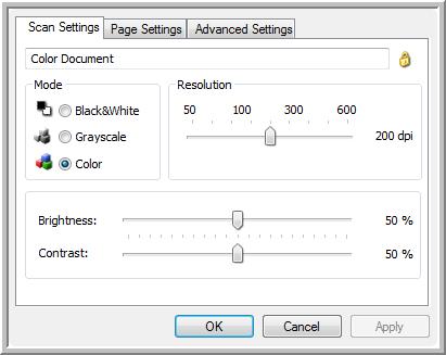 Scanning The Scan Settings Tab 1. On the Scan Configuration Properties dialog box, type a name. Type a new name for the configuration. Select the scan mode and drag the slider to set the resolution.