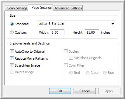 Scanning The Page Settings Tab 1. Click the Page Settings tab to select page options. Click to toggle between inches and millimeters.