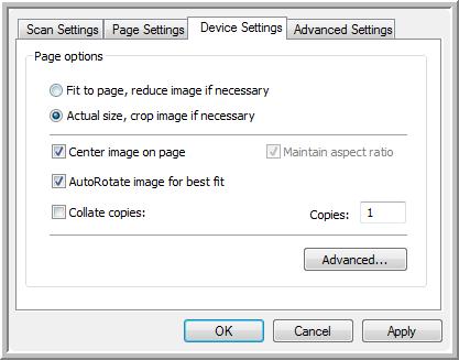 Scanning The Device Settings Tab A Device Settings tab is on the Scan Configurations dialog box when your selected Destination Application sends the scanned image to a printer, fax application, or