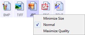 Scanning To select a JPEG or PDF file size: 1. Select JPG or PDF as the page format, then right-click on the icon. Text Formats 2. Choose the file size/image quality option for your scanned images.