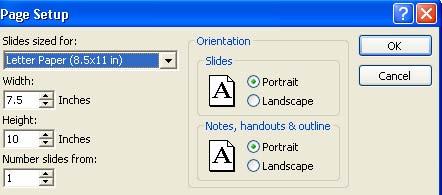 Size for letter paper and choose orientation as portrait for both Slide and