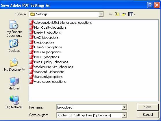 6. Now you can save your new Adobe PDF settings as Lulu-upload.