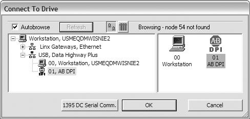 In the DriveExecutive window, select Drive > Connect to Drive to display the Connect To Drive treeview window.