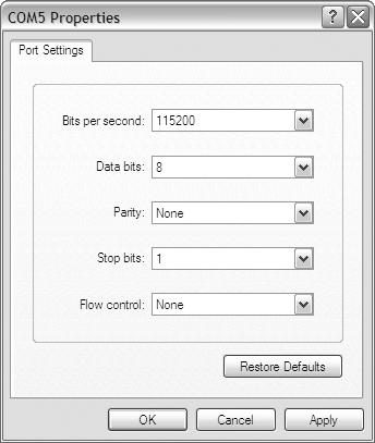 Click OK to display the COM Properties screen (Figure 3.10). 7. Select the settings shown in Figure 3.10. Figure 3.10 COM Properties Screen 8. Click OK.