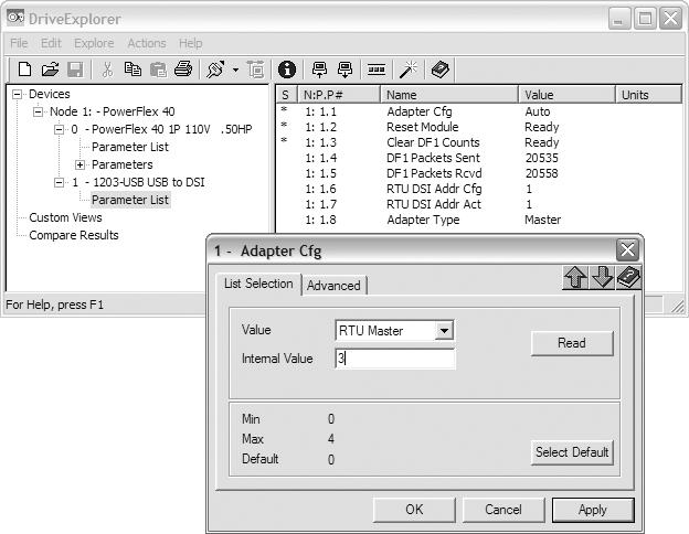 D-4 Using RTU Master Mode Configuring the Converter for RTU Master Mode Using DriveExplorer (Full Version Only) 1. On the DriveExplorer 1203-USB Parameter List screen (Figure D.