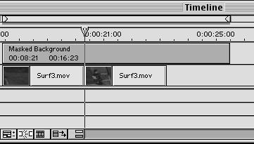 Then, in the Timeline window, select the razor tool ( ), and click in the middle of Surf3.mov, at the edit line. Now, Surf3.mov is split into two pieces.