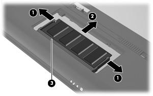 4. Remove the memory module (2) by pulling the module away from the slot at an angle.